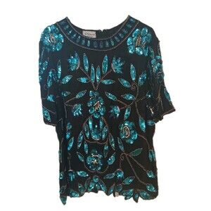 Vintage  Stenay 100% Silk   Blouse Women's 2X  Beaded Sequin